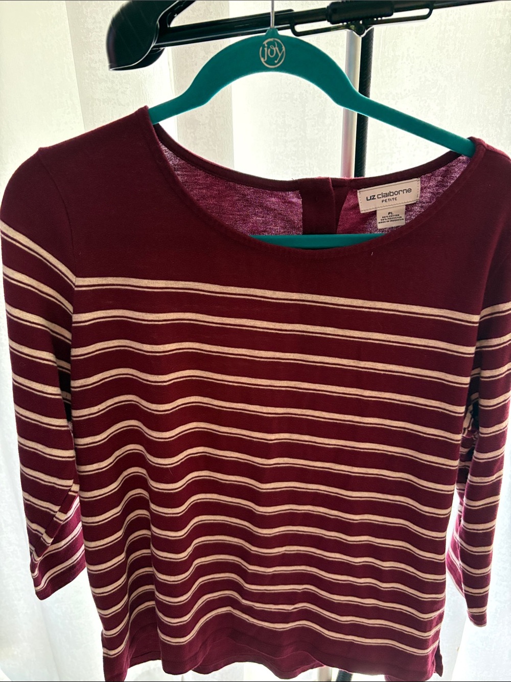 Liz Claiborne Petite Burgundy and Cream Striped Boatneck Top